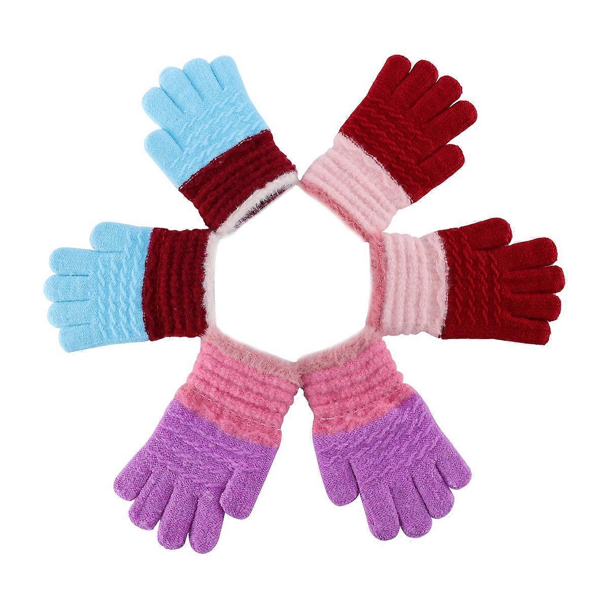 3 Pairs Warm Knitted Full Finger Gloves Soft Plush Mittens for Boys, Cold Weather Outdoor Use