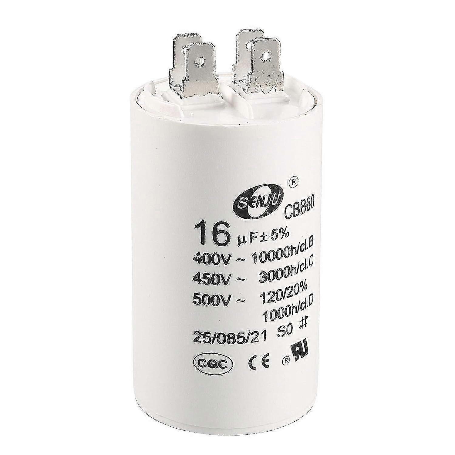 CBB60 تشغيل مكثف 16uF 450V AC إدراج مزدوج 50/60 هرتز اسطوانة 72x40mm أبيض لمحرك مضخة مياه ضاغط الهواء
