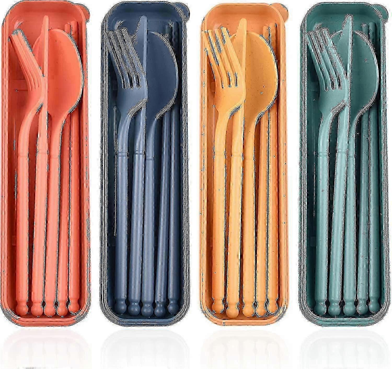 ケース付きポータブルトラベルカトラリーセット - キャンプピクニック用の4つの再利用可能なナイフフォークスプーン箸