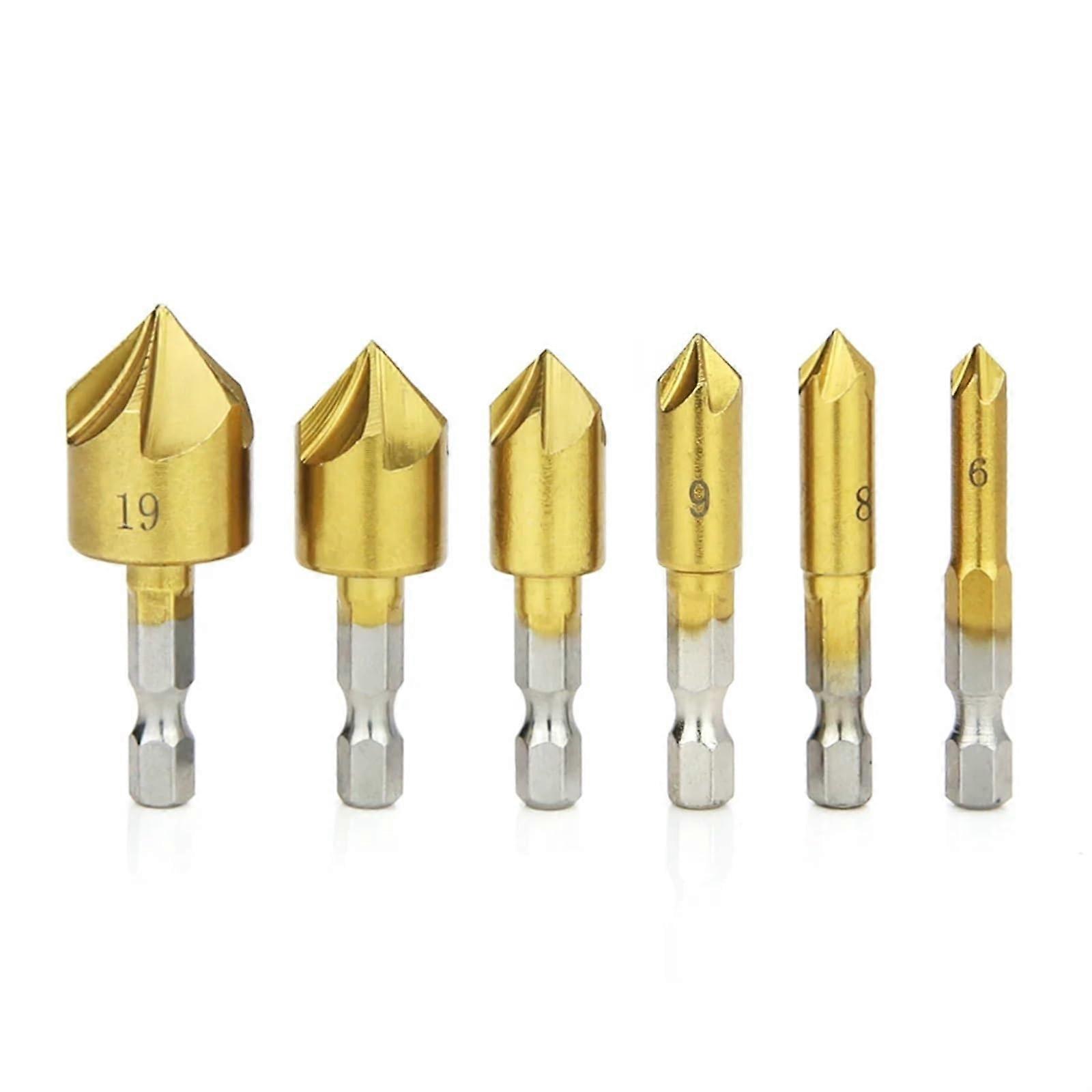 HSS Chamfer Drill Bit Set 6pcs Hex Shank Countersink Woodworking Tools 6-19mm
