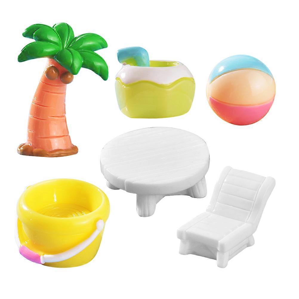 6pcs Mini Beach Micro Landscape Resin Ornaments Summer Decor Coastal Theme Tiny Figurines with Bucket Coconut Tree and Sunbed Home Decoration