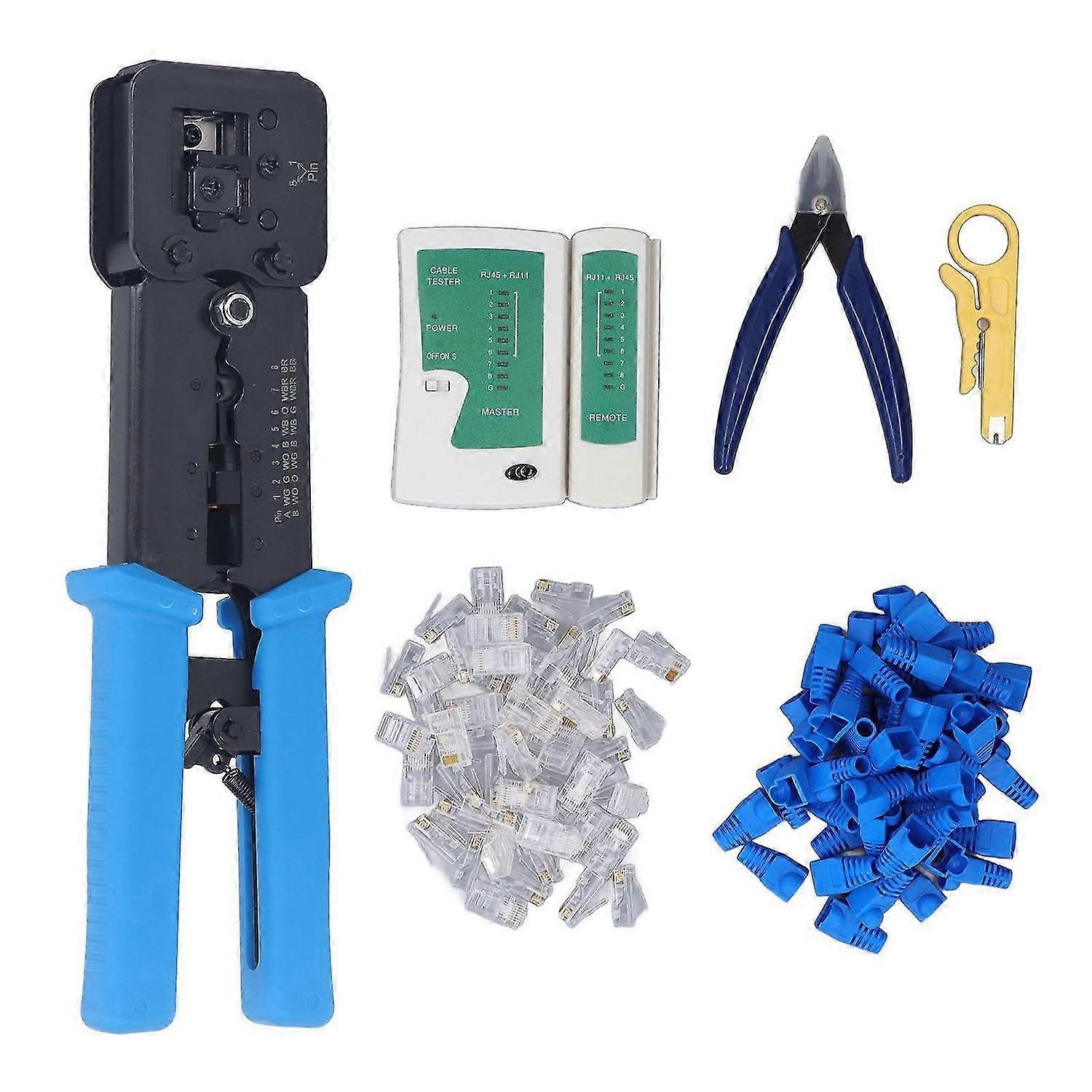 RJ11 RJ45 Crimping Tool Kit Pass Through Crimper with 50PCS Connectors UTP STP Stripper Network Cable Tester