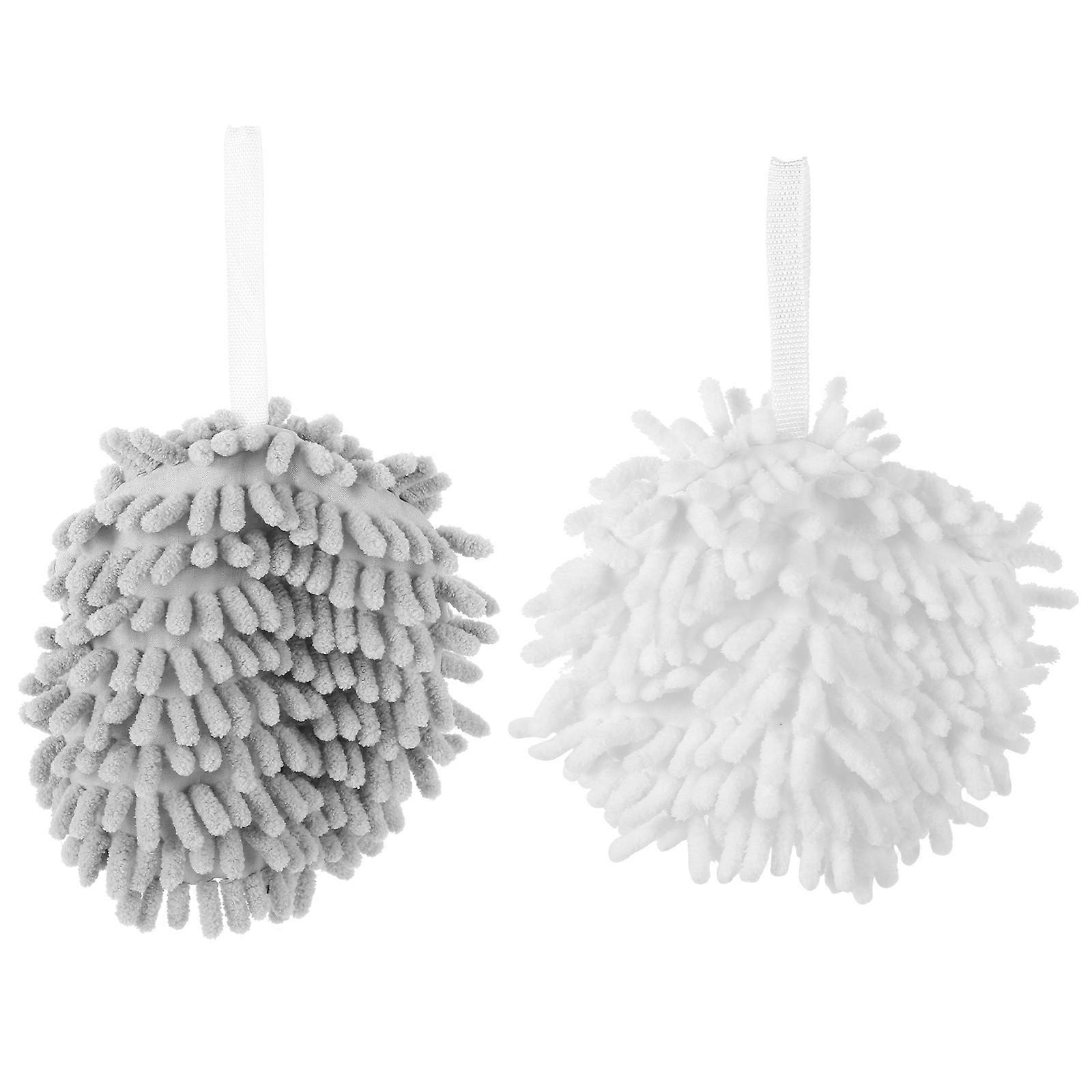 2pcs Chenille Sponge Hand Towels Quick Dry Absorbent Drying Balls for Bathroom Kitchen Soft Breathable White Gray