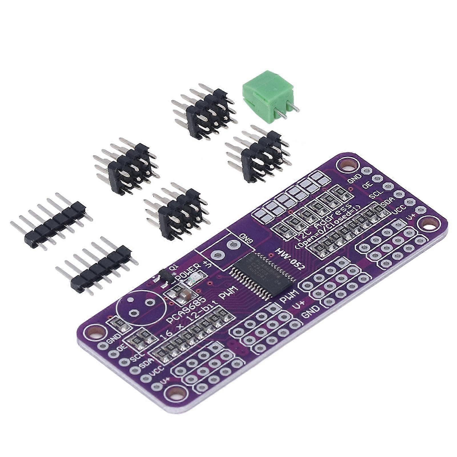 Servo control module for 16channel 12bit IIC PCA9685 servo motor driver, adjustable PWM frequency, size 62 x 25 x 2 mm.