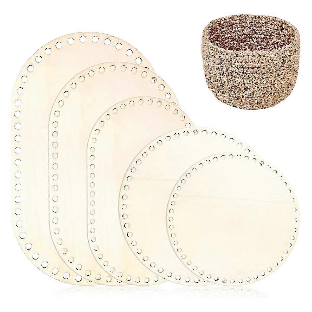5PCS Wooden Basket Bottom, 5 Size Oval Circle Blank Solid Crochet