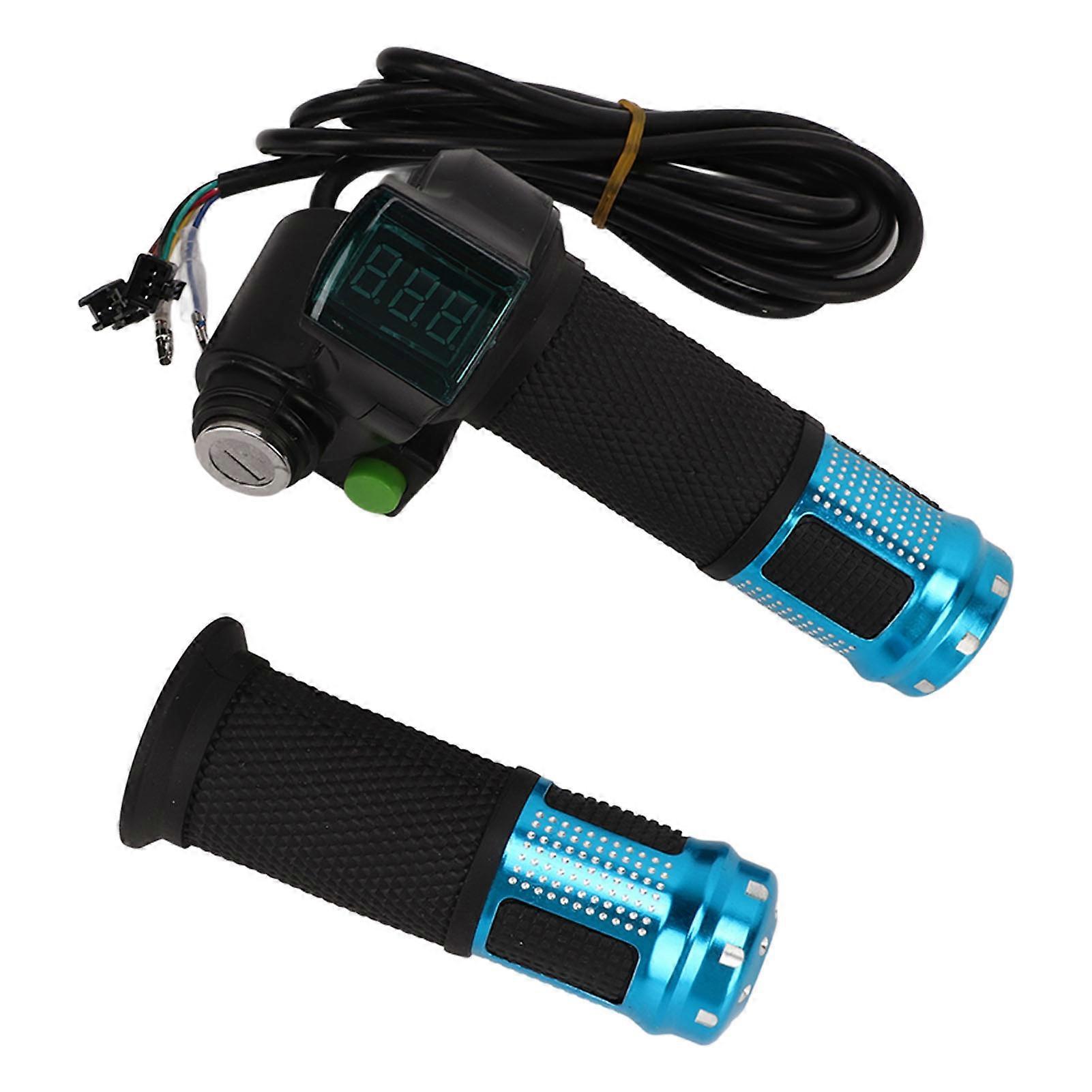 One Pair Electric Bike Throttle Handlebar with Red Screen Lock 12V to 99V with Keys Bike Throttle Grip Set for Riding Blue