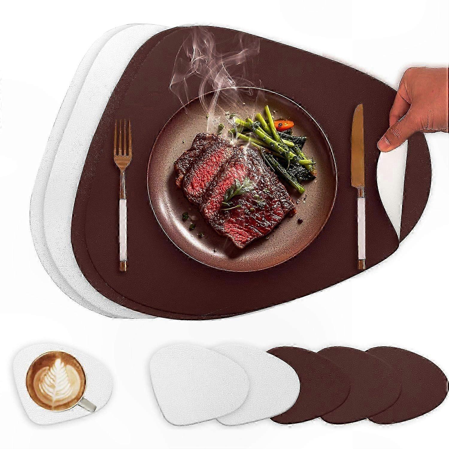 White and Brown Placemat Set with Coasters - Modern Stylish Dining Table Decor Solution