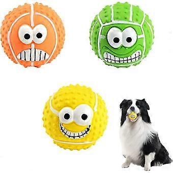 Smiley latex dog chew balls, 3 pieces, 3.1 inches, bright colors, easy to make sound and clean teeth