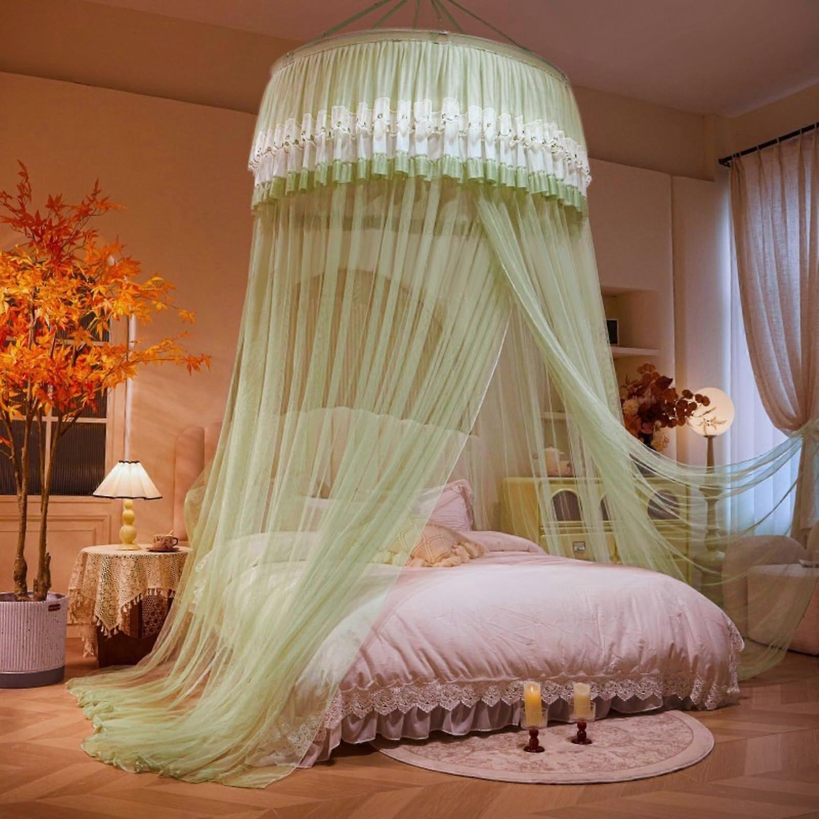 Girls Bed Canopy Mosquito Net Pink Dome Polyester Mesh Curtains for Kids Decorative Lace Embroidery Punch-Free Installation