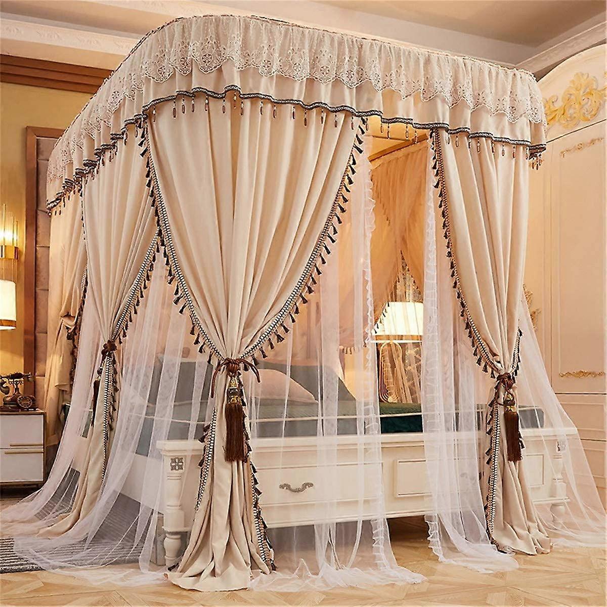 Bed Canopy Mosquito Net, Princess Elegant 4 Corner Post Canopy, Thick U Shaped Rail, Bean Paste Color, 2.0m Bed