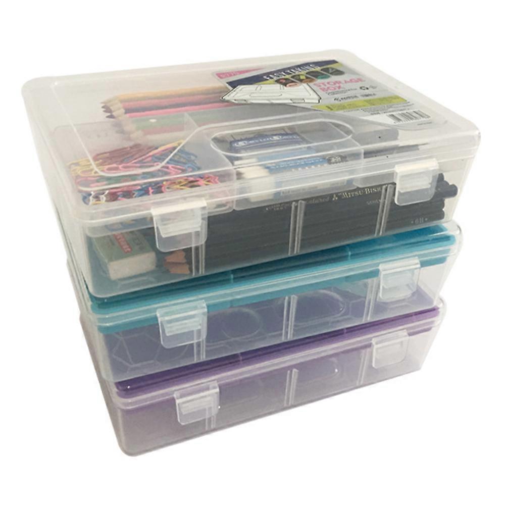 Storage Box Pen Double-Deck Design Large Capacity Rectangular Case for School Office Art Tools Blue 2Pcs