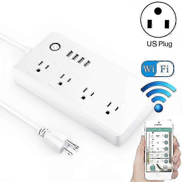 4 x USB Ports + 4 x US Plug Jack WiFi Remote Control Smart Power Socket Works with Alexa & Google Home, AC 110-240V, US Plug 26s