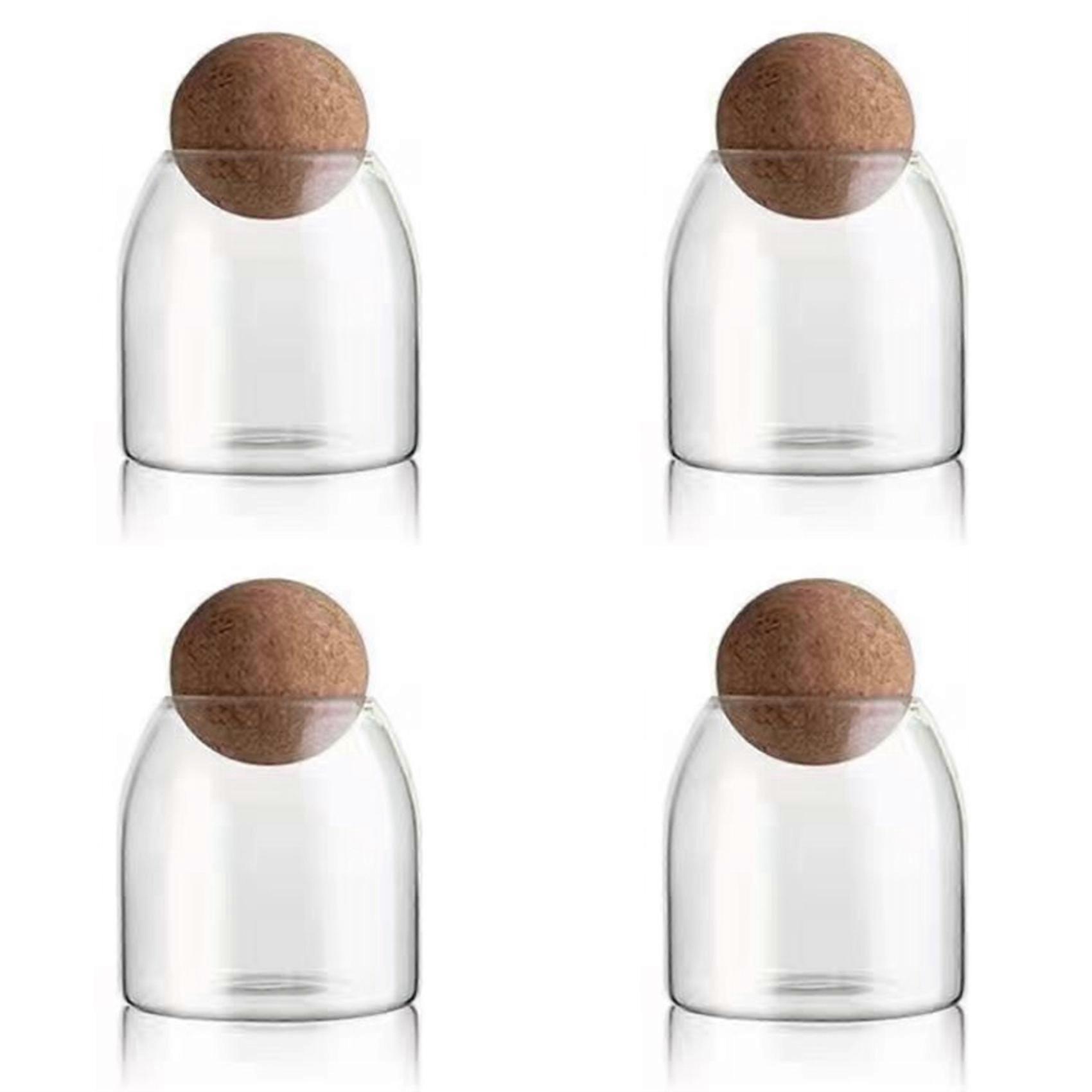 4X Clear Glass Bottles, Glass Food Storage Containers with Airtight Round Cork, for Candy, Nut, Spice, 9 X 10cm