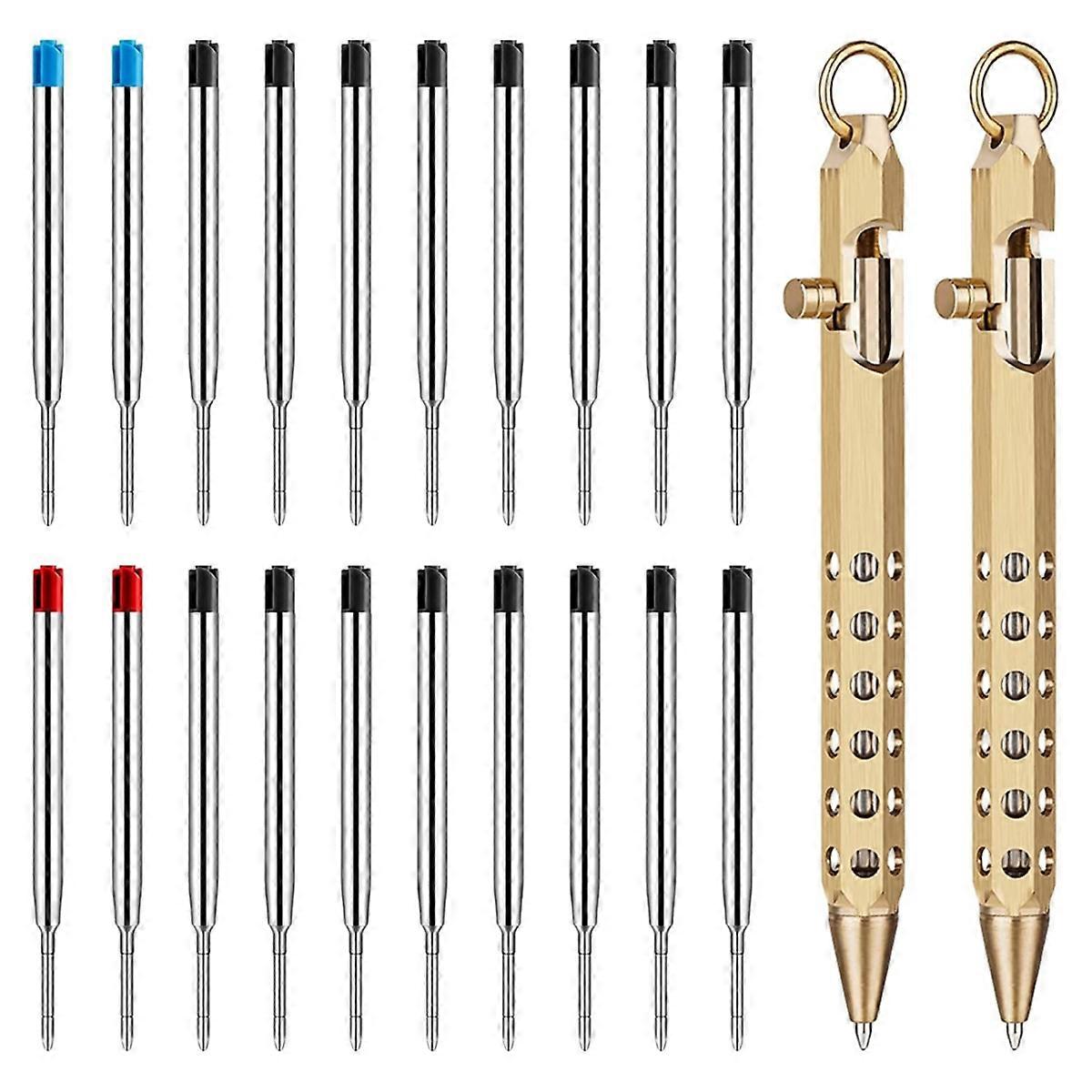 2Pack Bolt Action Pen Set, Hexagonal Solid Brass Pocket Pen with 20 Ballpoint Refills A