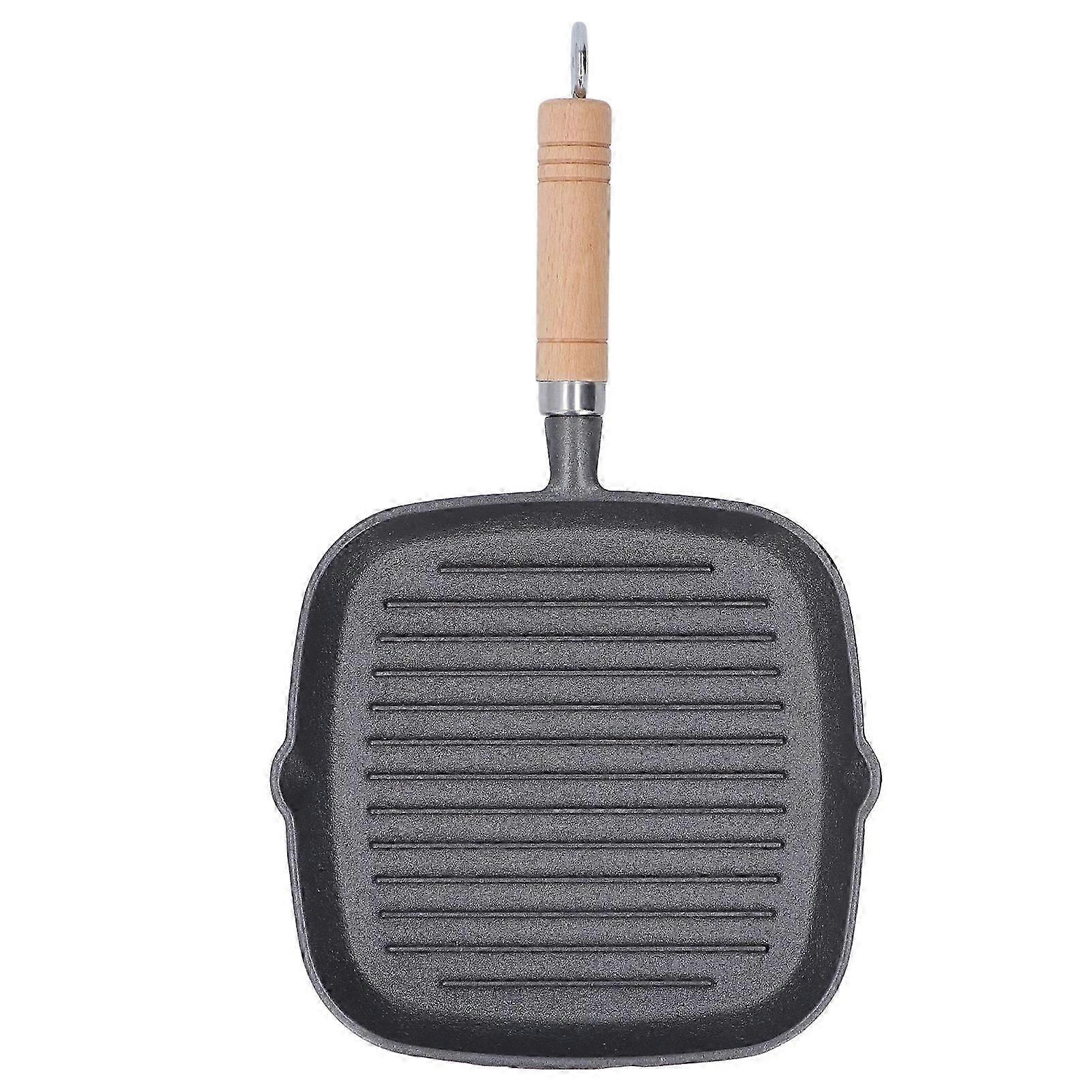 Grill Pan Multipurpose Prevents Stick Quadrate Cast Iron Steak Pan with Wooden Handle for Bacon Steak Onion