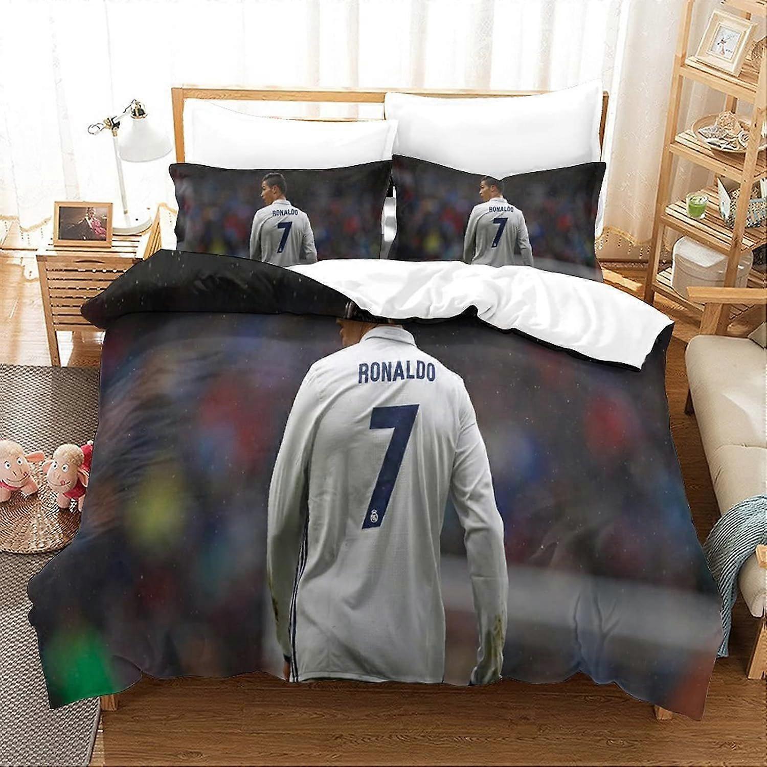 Clube de Futebol Capa Edredom Multi Cor Luxo Diurno 3D Impresso Roupa de Cama Conjunto Microfibra Ronaldo Edredom macio Capa Colcha com zíper Fecho Laços Solteiro