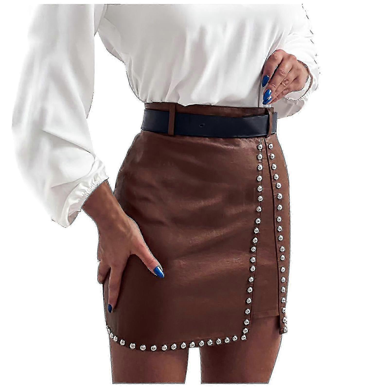 Women's Sexy Leather Mini Skirt with Beaded Accent & Side Split Design