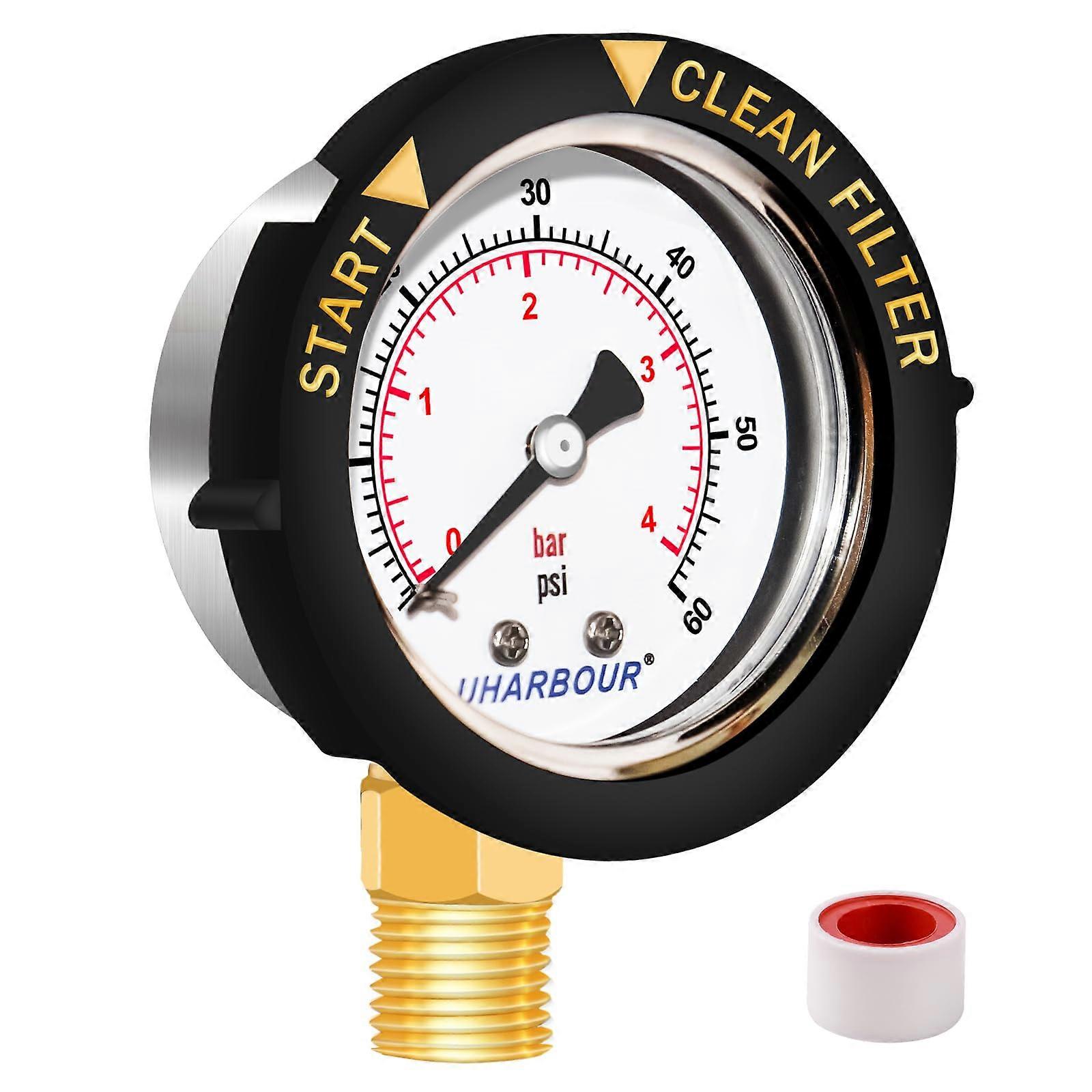 Waterproof Pool Filter Pressure Gauge 60 PSI 1/4' NPT Bottom Mount for Pump, Spa and Aquarium