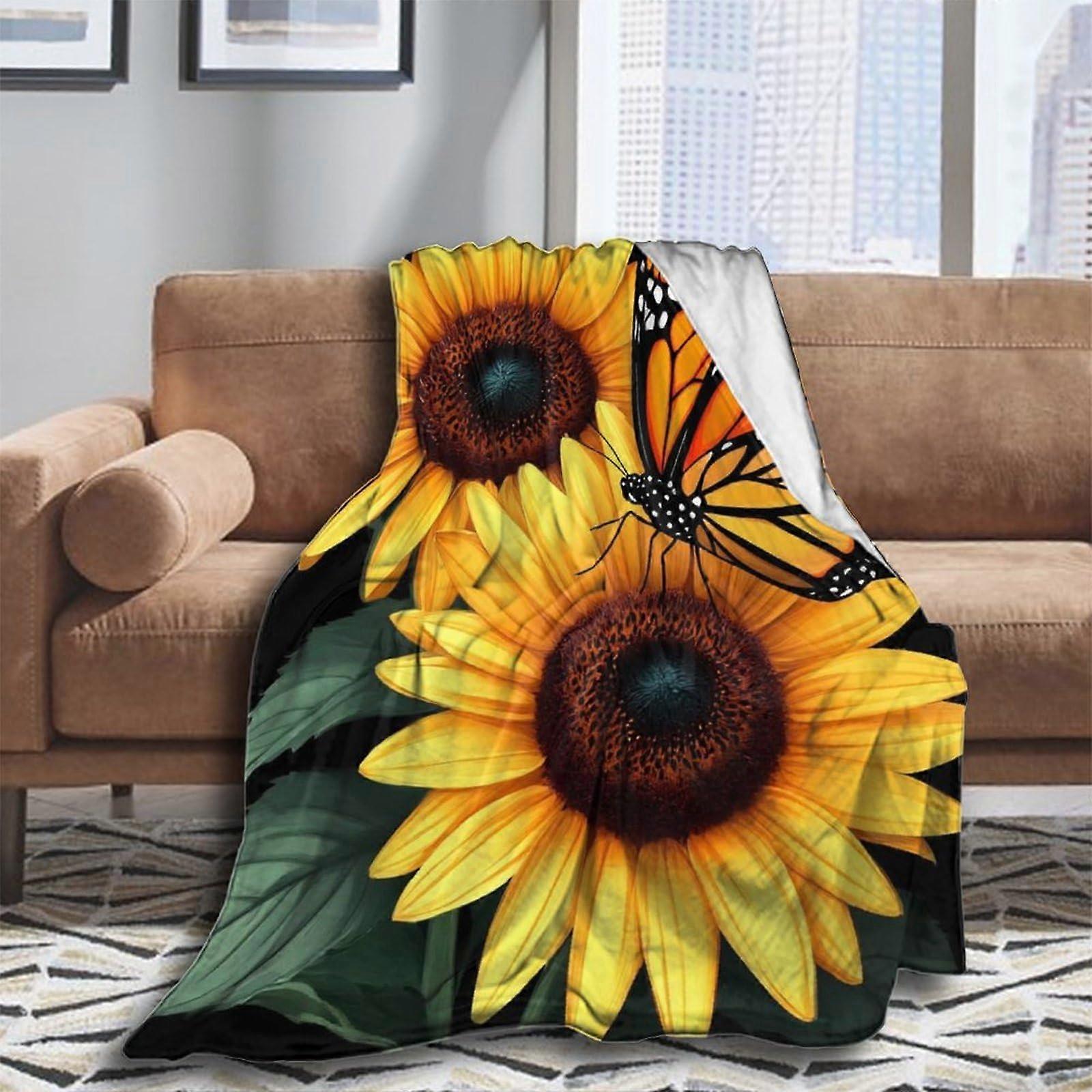 Flannel Fleece Throw Blanket Wearable Sherpa Plush Sunflower Butterfly Design for Couch and Bed