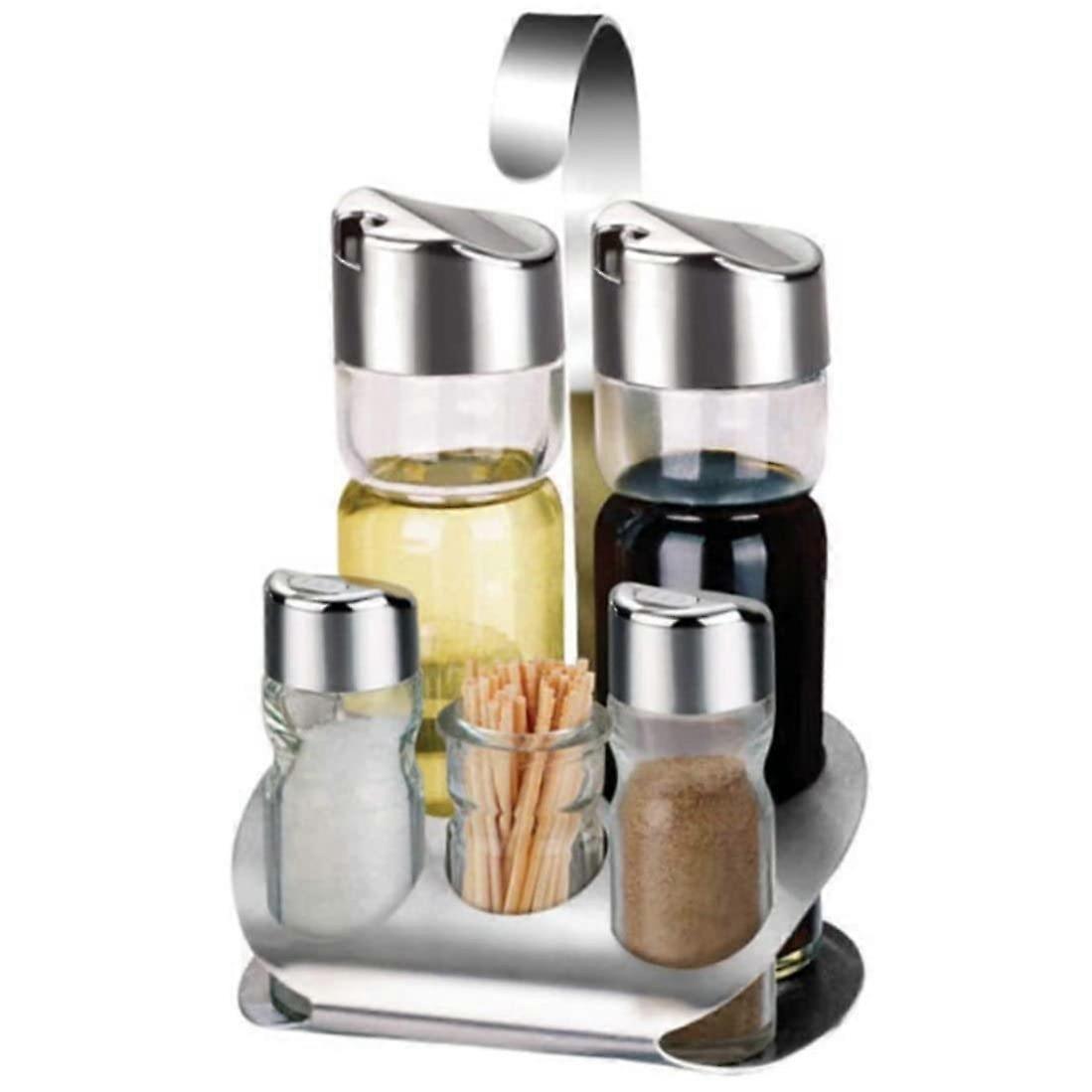 Condiment Server Set 5Piece Glass Spice Jar Set with Stainless Steel Base and Dustproof Lids