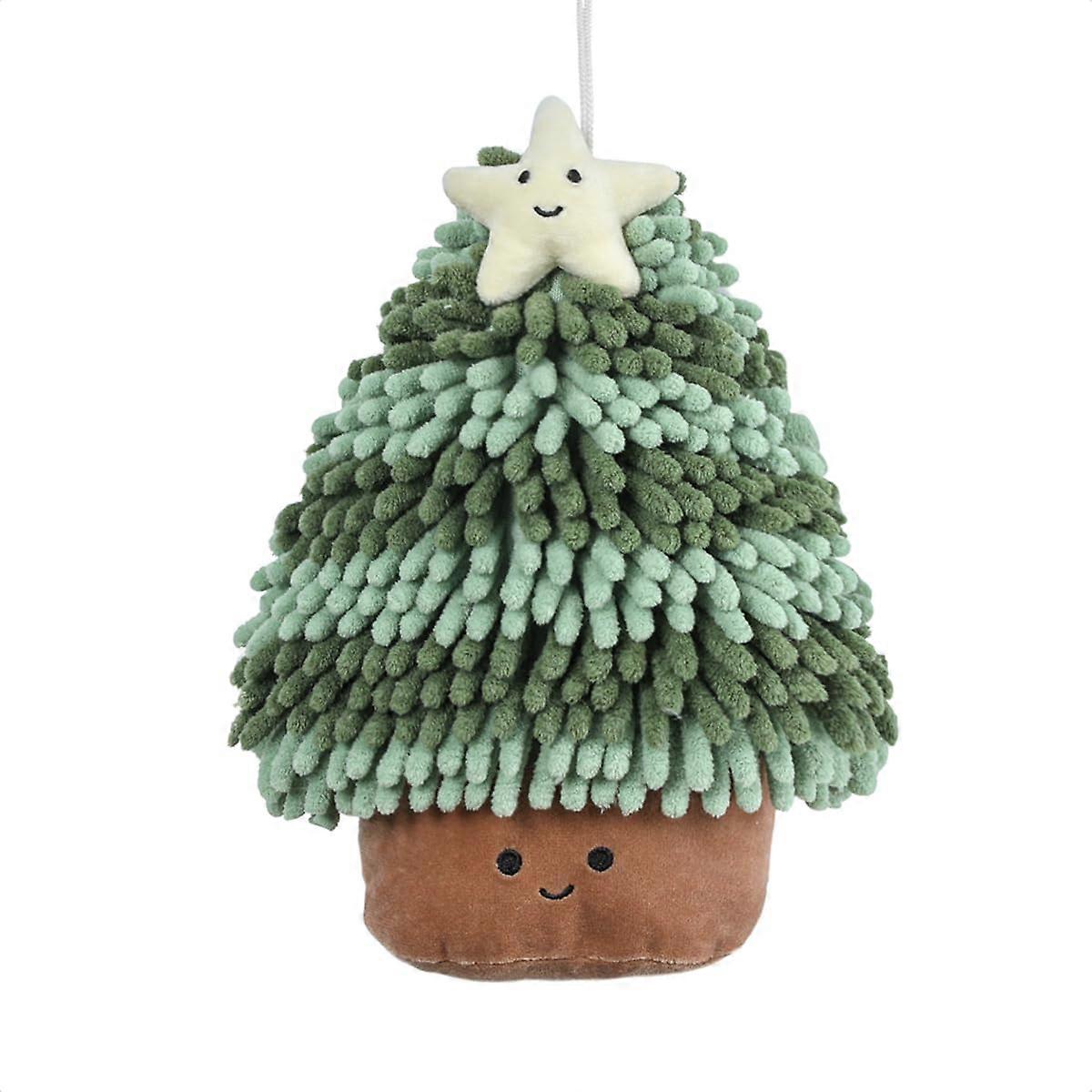 Christmas Hand Towel Chenille UltraSoft Absorbent Christmas Tree Design with Hanging Loop Green
