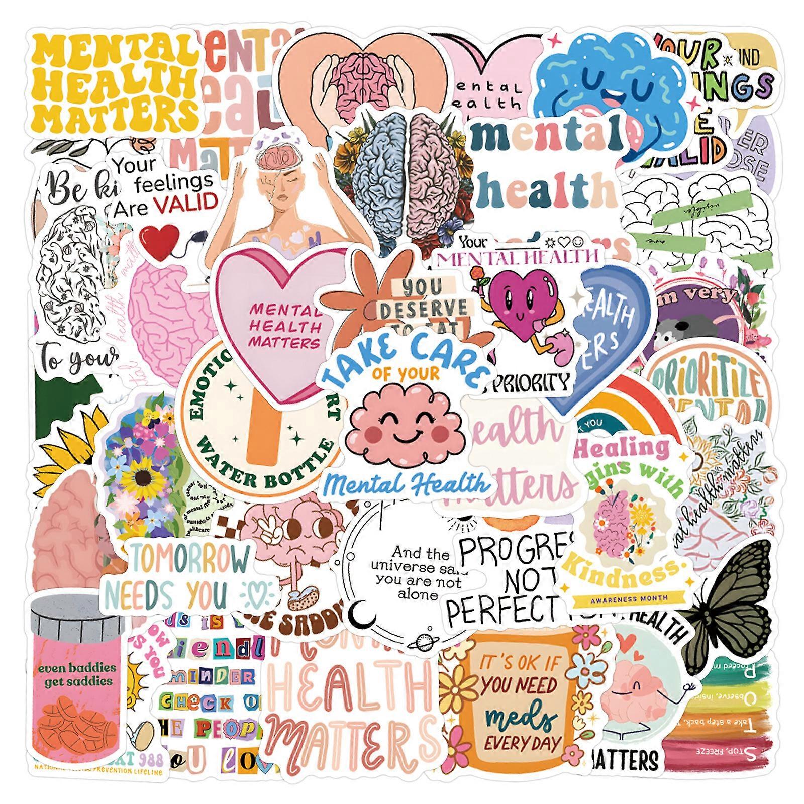 52Pcs Cute Mental Health Matters Stickers Pack Decals For Phone Laptop Suitcase Notebook Skateboard Waterproof Stickers