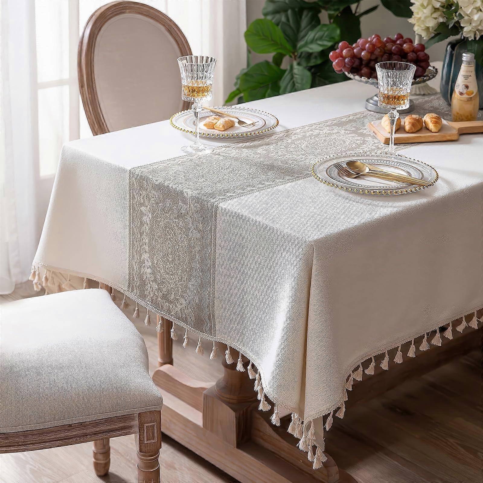 Waterproof Jacquard Rectangular Tablecloth with Tassels, Wrinkle, Builtin Table Runner, 55x70 Inch Khaki Coffee Stripes