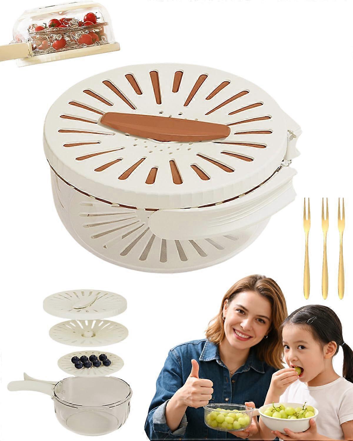 2in1 Fruit and Vegetable Strainer with Rotating Lid, Stackable Storage Bin, Brown Large