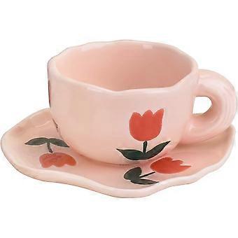 Ceramic Coffee Mug with Saucer Set,  Dishwasher and Microwave Safe, 6 oz/180 ml for Latte Tea Milk (Pink Tulips)