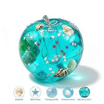 Apple Squishy Toy 1Pc, Blue Ocean Gel Filled Design with Shell Star Glitter, Soft Squeeze Fidget for Kids Adults Party Favor Gift