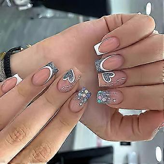 Medium Coffin Press on Nails with Heart Design, Glossy French Tip Fake Nails Set for Women 24 Pcs