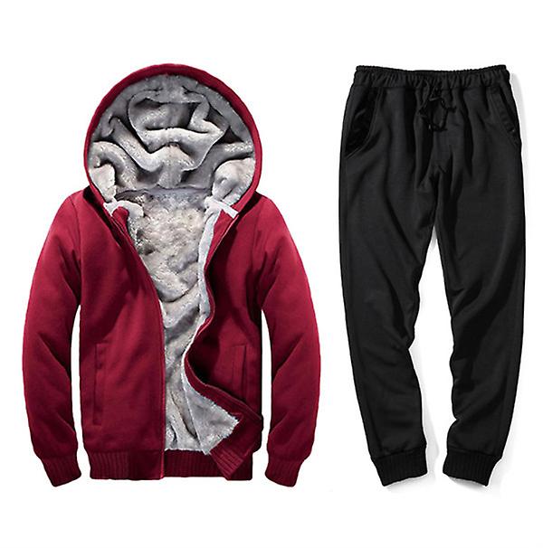 2022 Men's Autumn And Winter Youth Plus Velvet Thickening New Solid Color Hooded Jacket Casual Sports Trousers Loose Two-piece Set