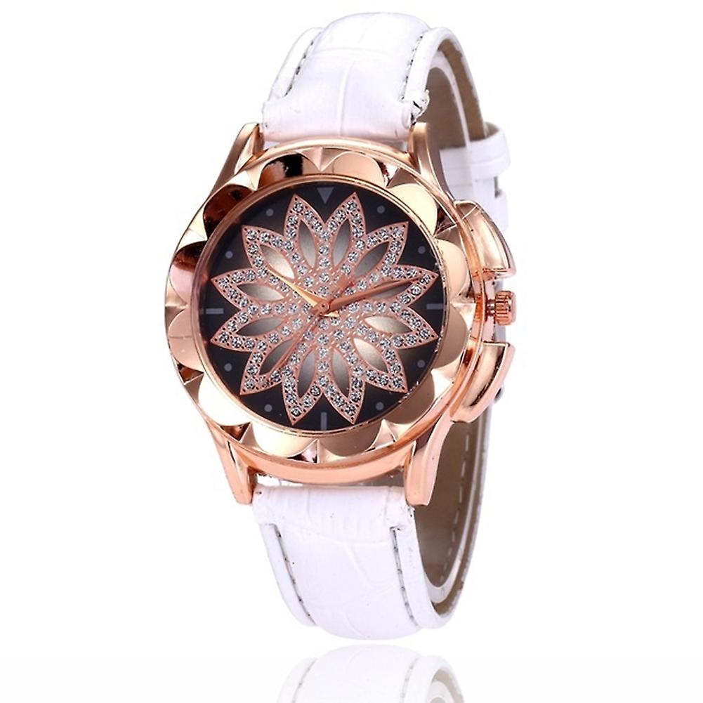 Luxury Women's Quartz Wristwatch Flower Shape Rhinestone Inlaid Leather Strap