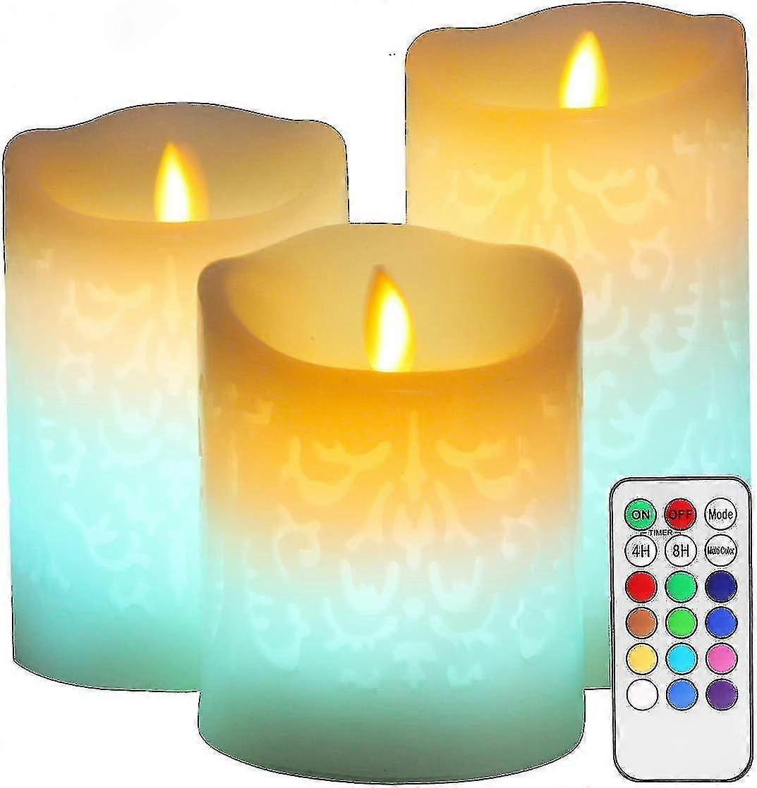 Color Changing Led Candle With Carved Designs - Real Wax Flickering Moving Wick Flameless Candles With Remote Timer