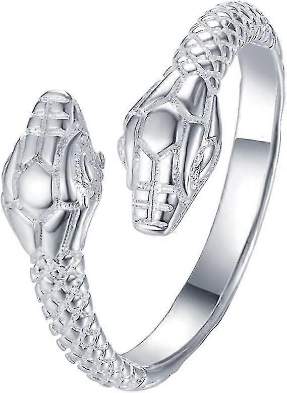 Mens Womens Vintage Snake Ring Adjustable Open Double Headed Snake Ring, Silver