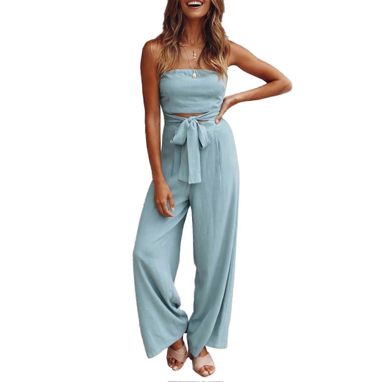 Women Off Shoulder Wide Leg Jumpsuit Summer Casual Elastic Bust Waist Belt Loops Pants Rompers XL Light Blue