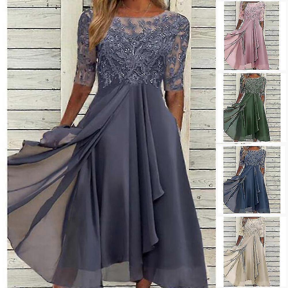 レースアップリケドレスミディ半袖イブニングドレスカジュアルオールマッチドレス結婚式用