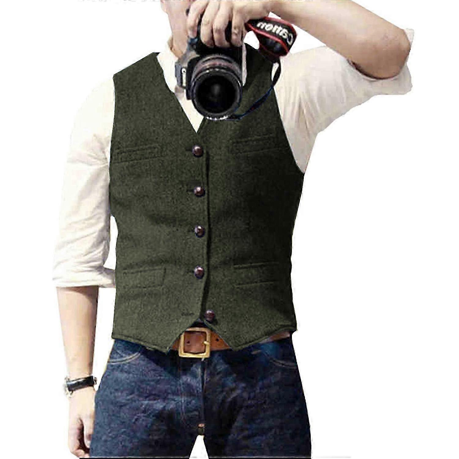 Herren Anzug Weste Weste Tweed Retro V-Ausschnitt Wolle Fischgrät