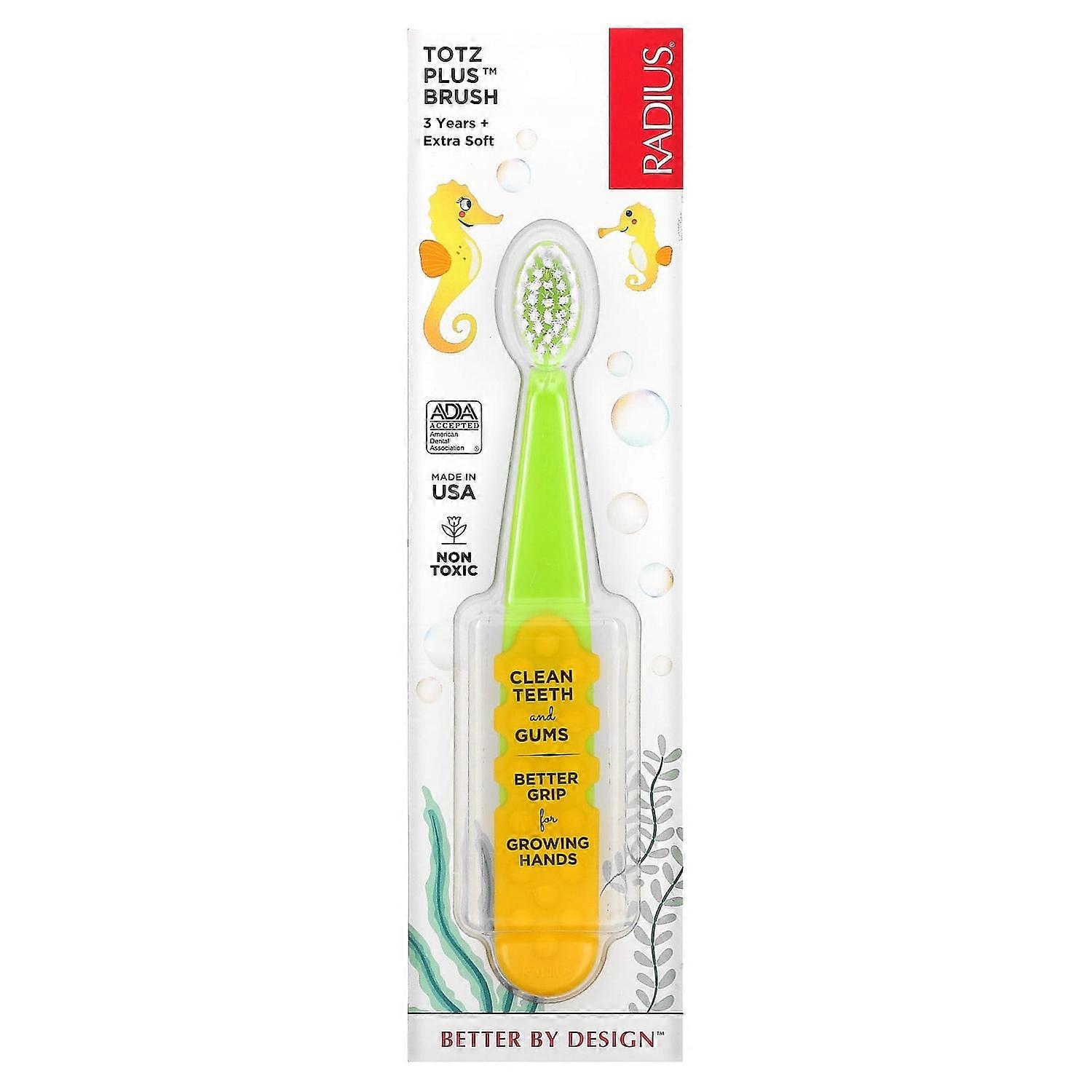 RADIUS, Totz Plus Brush, 3 Years +, Extra Soft, Green/Yellow, 1 Toothbrush