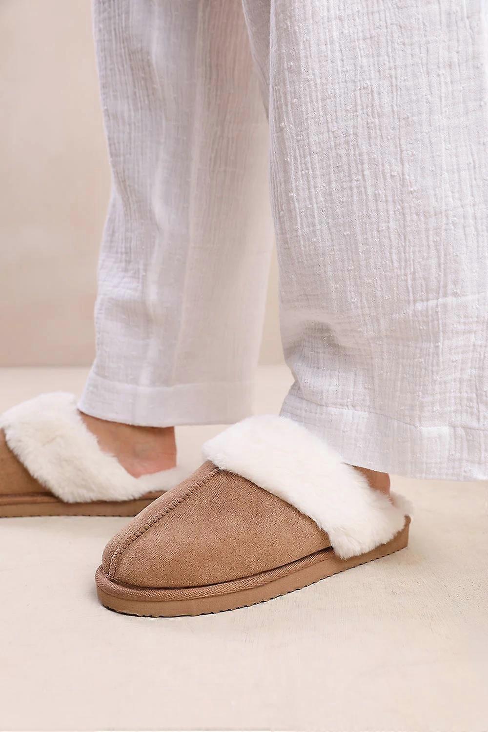 House Of Sehrish Slip1 Womens Warm Camel Suede Snug Faux Fur Slippers