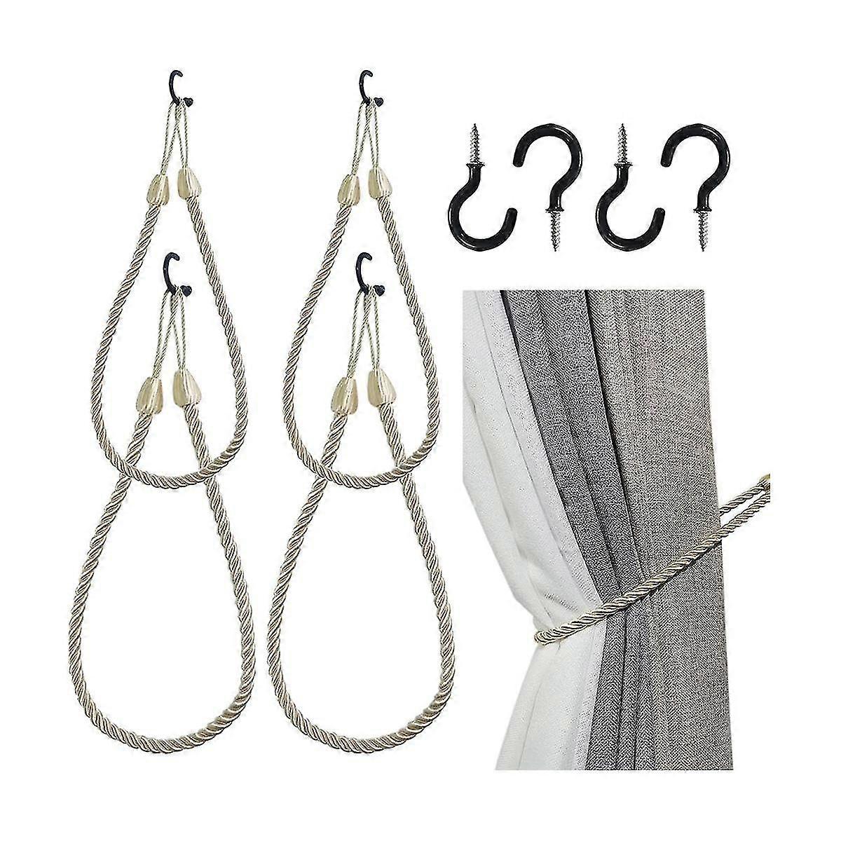 Curtain Tiebacks Ropes 4 Pack, Curtain Holdbacks with 4 Metal Screw Hooks,Holders Cord for Thin or