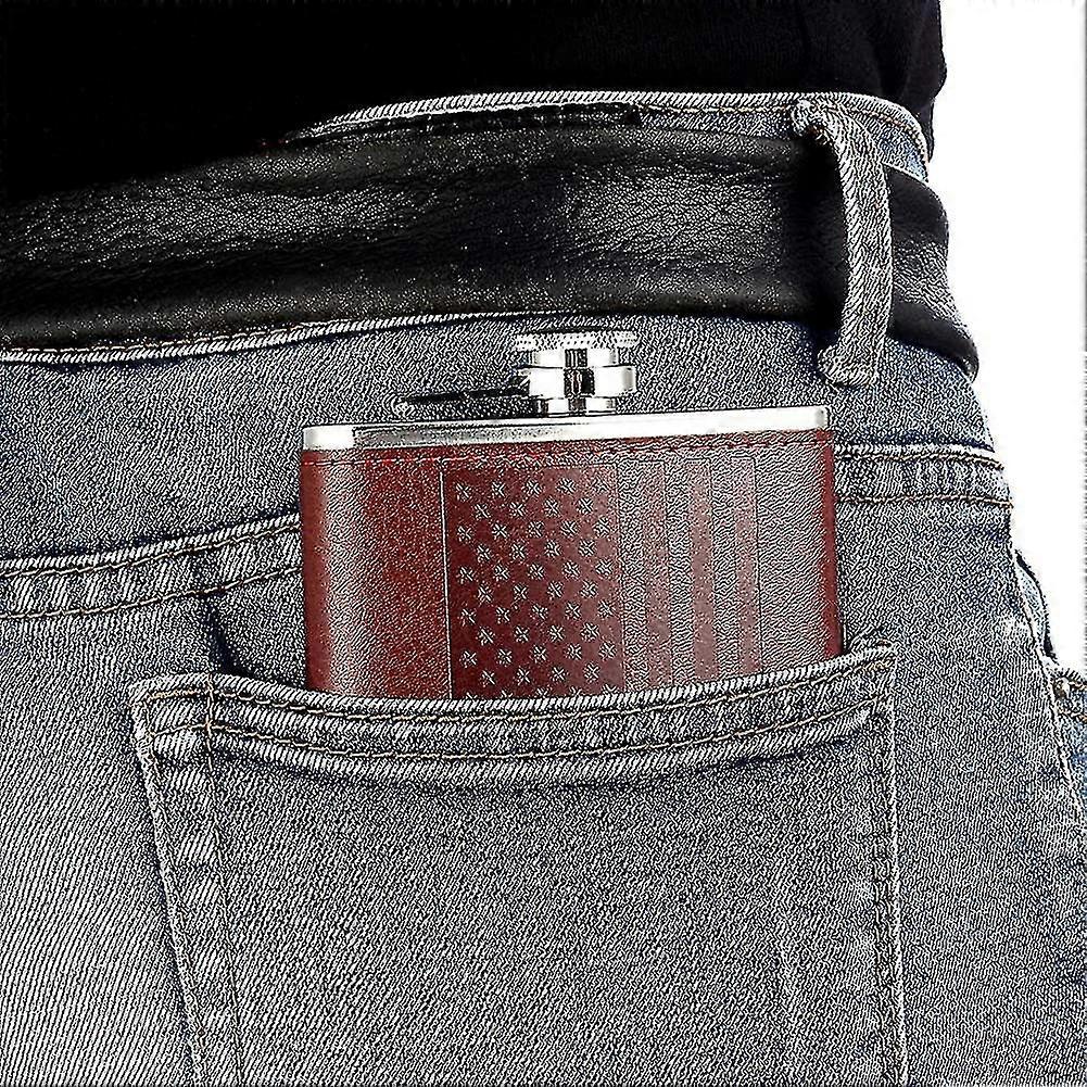 Whiskey Flask With American Flag For Liquor And Funnel, 8 Oz Leak Proof Stainless Steel Pocket Hip Flask With Soft Touch Leather Cover, Brown Flask Fo