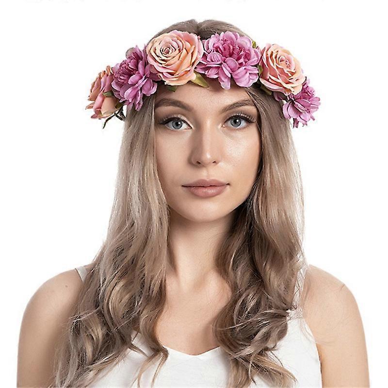 Boho Flower Headband Hair Wreath Floral Garland Crown Halo Headpiece with Ribbon Wedding Festival Party