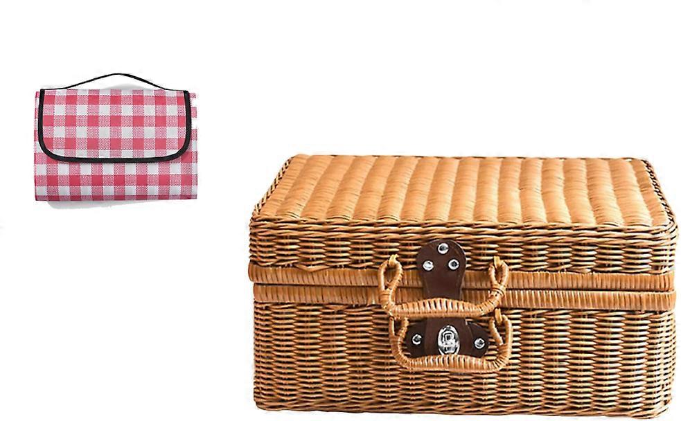 Imitation Rattan Suitcase Vintage Storage Box Woven Storage Baskets with Picnic Blanket Storage Boxes with Lids Artificial Leather