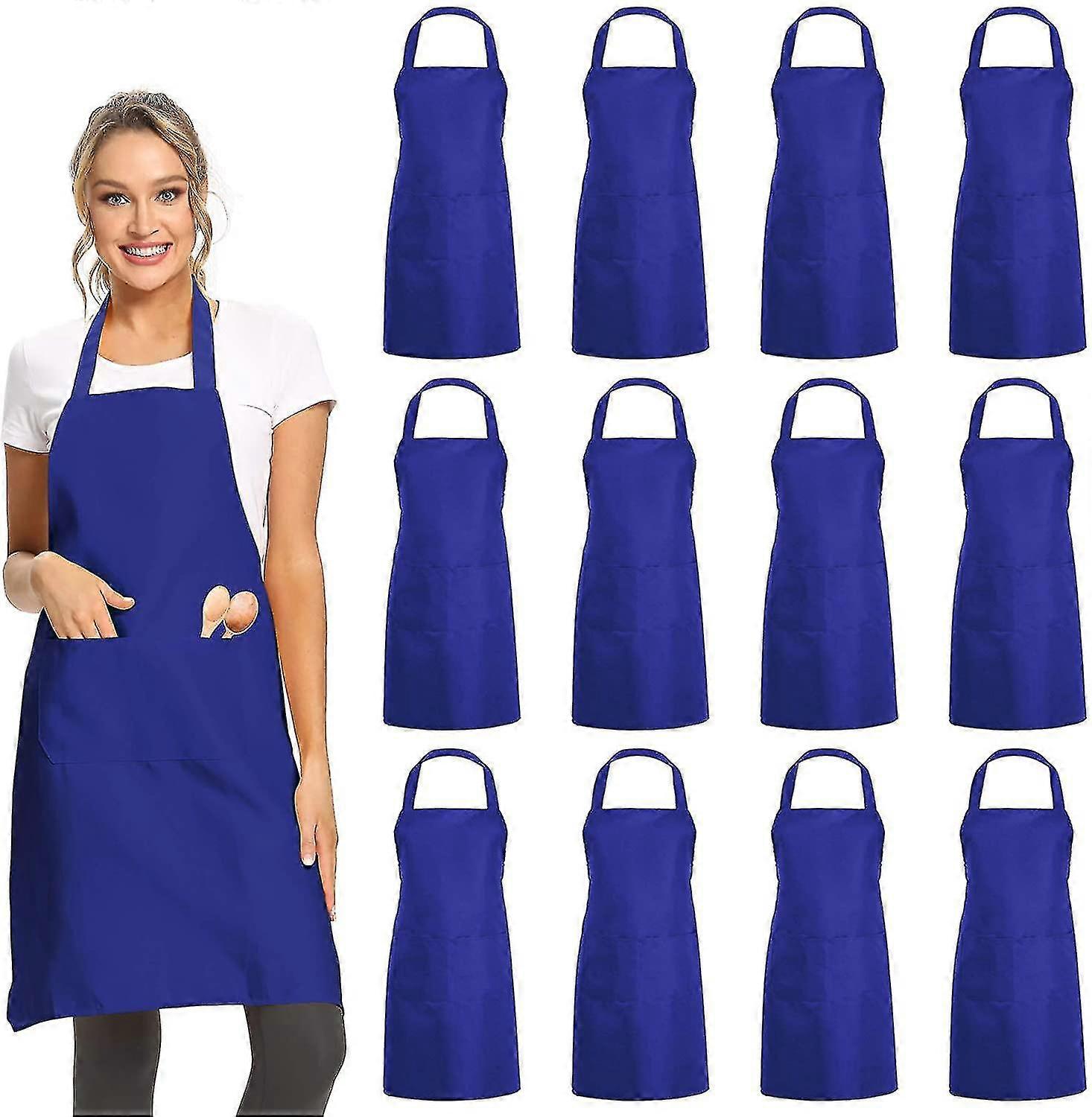 12 Pack Plain Bib Aprons With 2 Pockets - Blue Unisex Commercial Apron Bulk For Kitchen Cooking Restaurant Bbq Painting Crafting