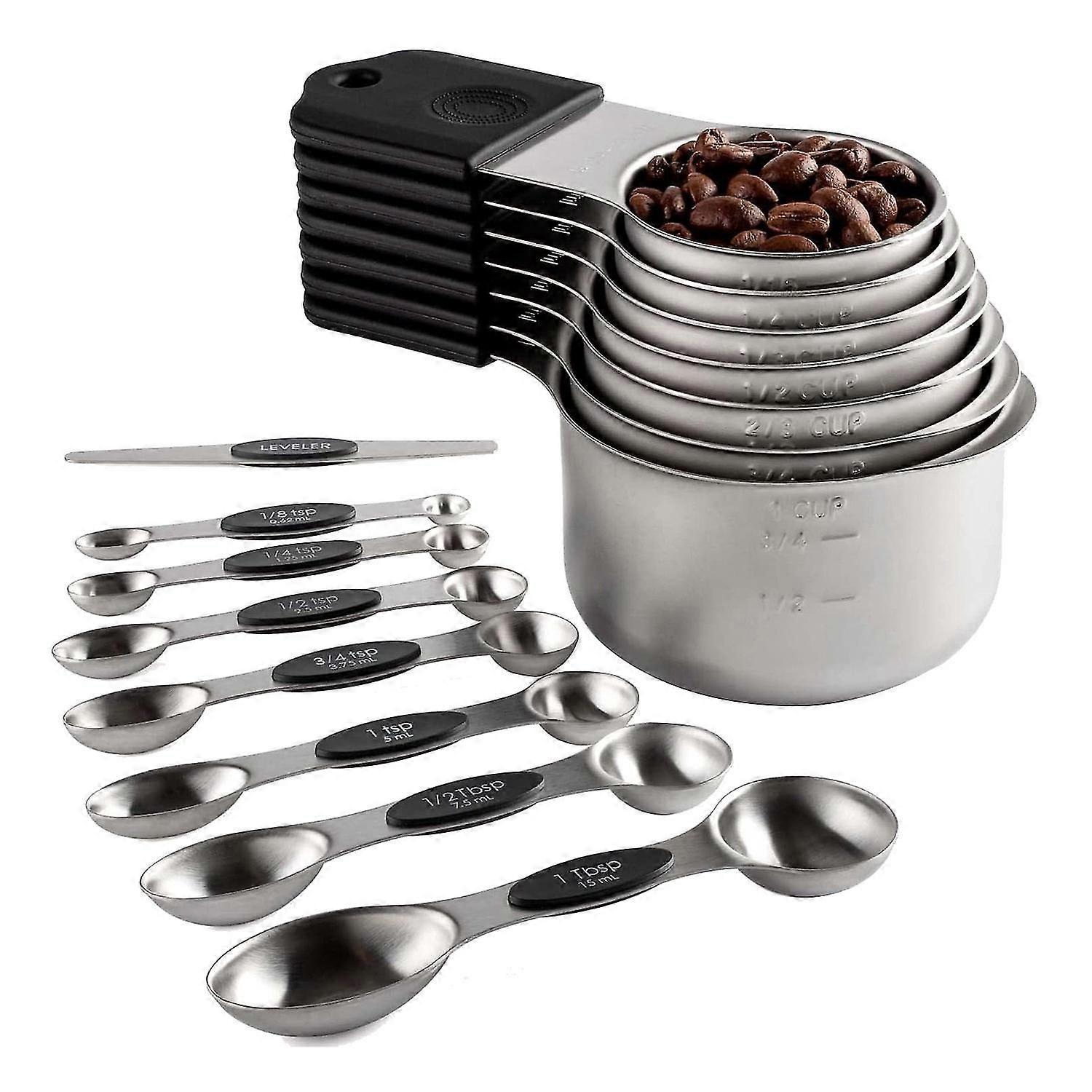 Magnetic Measuring Cups and Spoons Set Including 7 Measuring Cup 7 Measuring Spoons with 1 Leveler