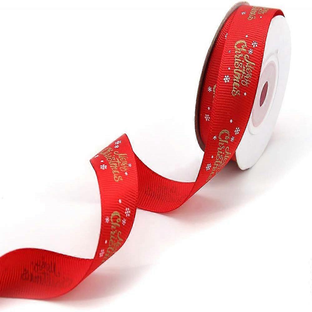 Christmas Ribbon, Elegant Design, Smooth Comfortable Polyester 30ft Length Red Graduation Ribbon With Gold White Snowflakes And Inscription 'Merry