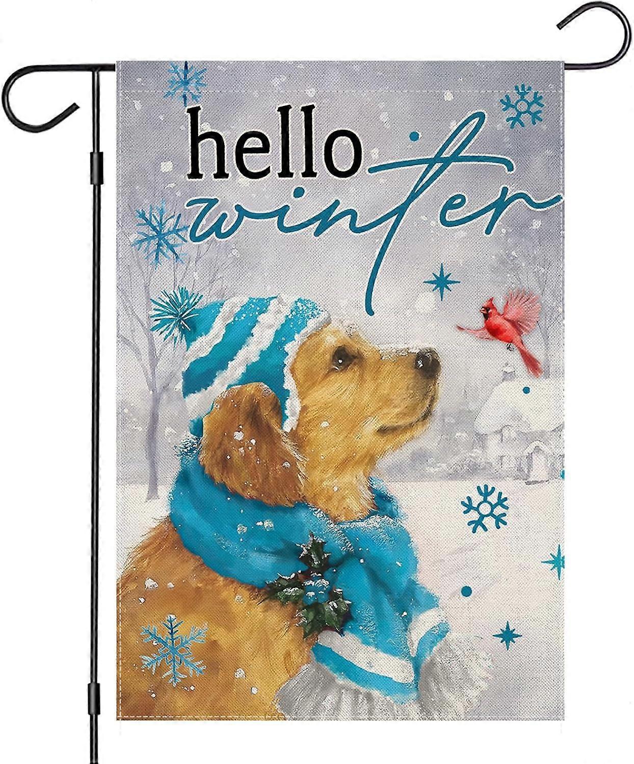 Bandeiras de Jardim Hello Winter 28x40 Polegadas Verticais, Cão Golden Retriever com Cachecol Decoração Externa