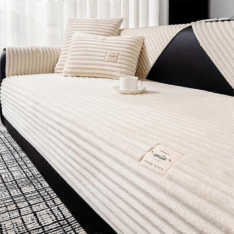 Solid Color Sofa Covers Flannel Straight Stripe Thicken Non-slip Couch Cushion Living Room Cream Wind Couch Cover