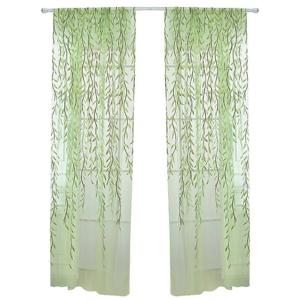 Exquisite Voile Panel Drapes, Forest-Themed Decor with Sheer Gauze Curtain Panels for Green Leaves Patterns, Glitter Sparkles Edges, Natural Style